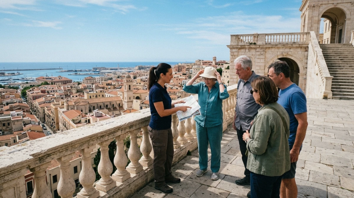 A guide checking a ticket price board before a Sardinia walking tour begins in Cagliari's Castello district
